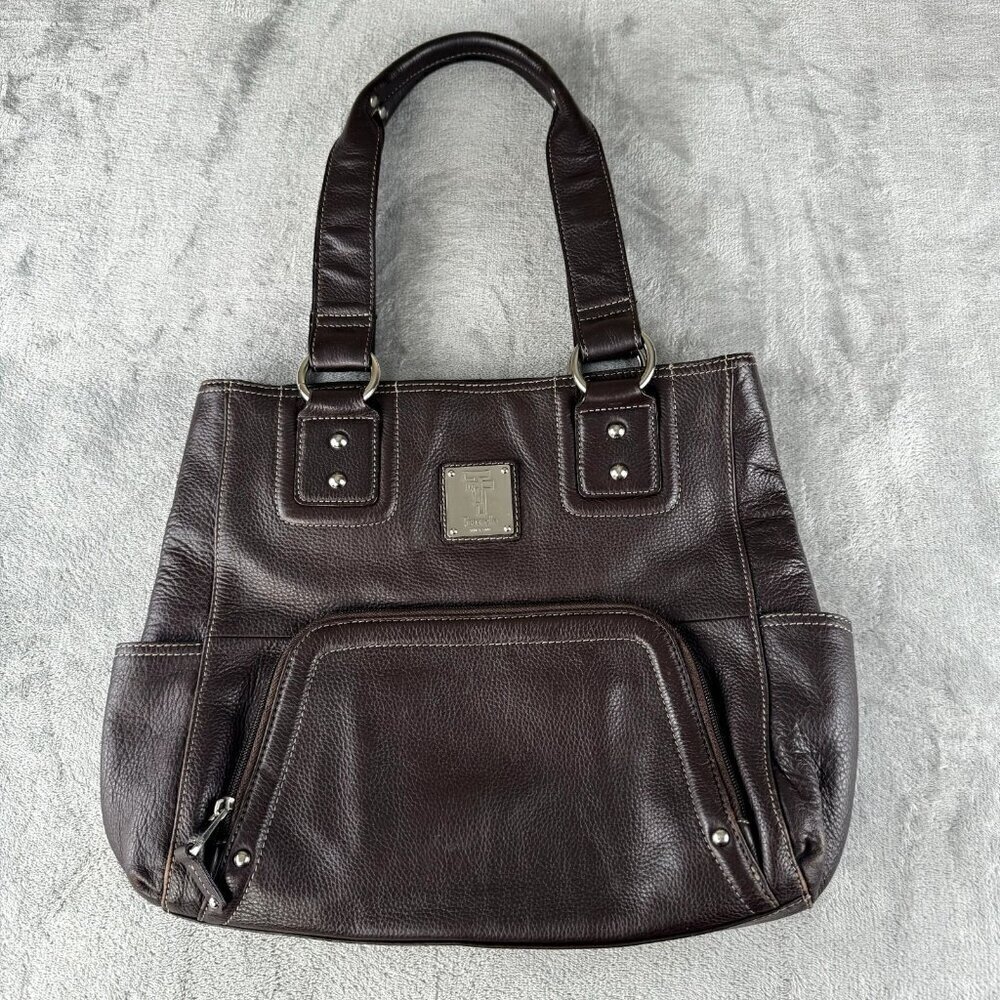 Tignanello Brown Pebbled Leather Tote Shoulder Bag Studded Wallet Pocket